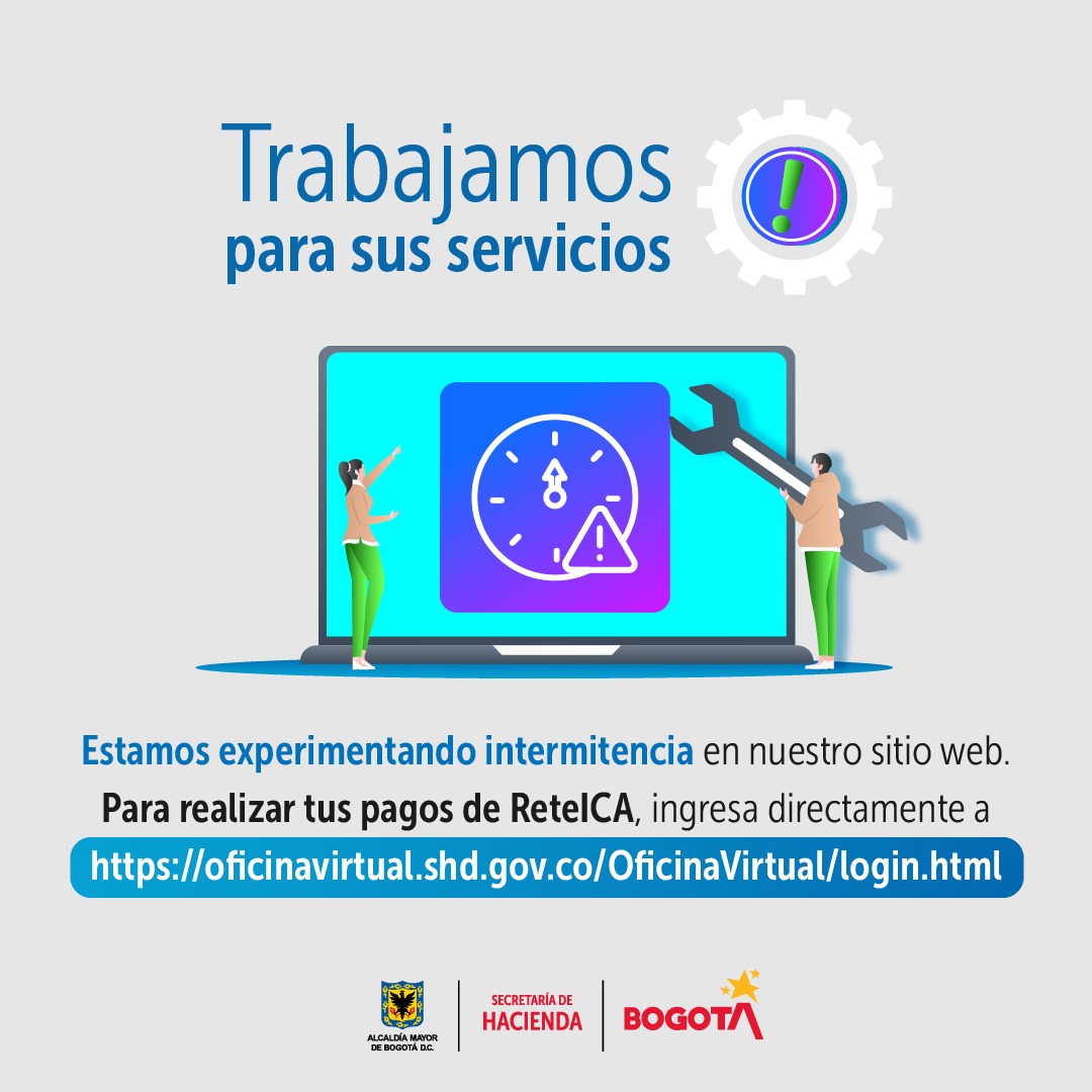 HaciendaBogota's tweet photo. 🚨¡Atención!
Estamos presentando intermitencias en nuestro sitio web para realizar el pago de #ReteICA cuarto bimestre 2024, te sugerimos ingresar directamente al siguiente enlace ⬇️
https://t.co/llAxXn79BN https://t.co/QzaxWfLtYI