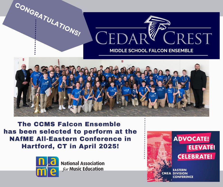 Cedar Crest MS Instrumental Music (@ccmsband_orch) on Twitter photo Falcon Ensemble has been selected to perform at the 2025 Eastern Division Conference in CT!  Only a few groups in the Northeastern US are invited. This is a major milestone for our band program, a feather in the cap of CLSD, and a testament to the student work ethic in our band. Falcon Ensemble has been selected to perform at the 2025 Eastern Division Conference in CT!  Only a few groups in the Northeastern US are invited. This is a major milestone for our band program, a feather in the cap of CLSD, and a testament to the student work ethic in our band.