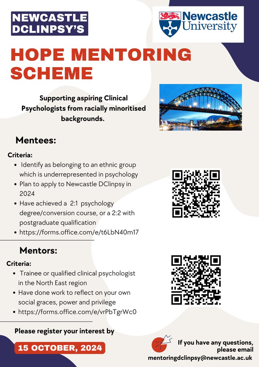 📣 The Newcastle University DClinPsy 'HOPE Mentoring Scheme' is still open for applicants! 

If you are interested in being a mentor or mentee, please see our eligibility criteria, and details for expressing your interest.

Sign up by 15.10.24

Please share with your network!