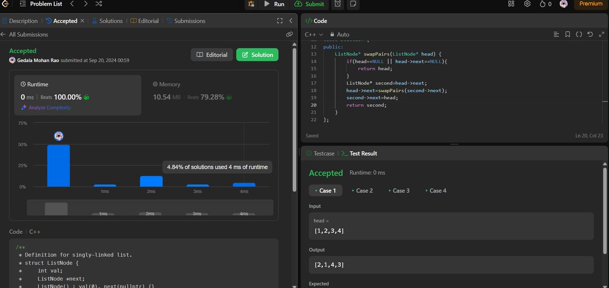 mr_venkey_06's tweet image. Day 11 of #DSAwithCPP ๐ฅ
Solved Swap Nodes in Pairs on LeetCode with 0ms runtime, beating 100% of submissions! ๐ฏ Linked lists are no match for me! ๐
#100DaysOfCode #CodingChallenge #LeetCode #Cplusplus #DataStructures #ProblemSolving #DevLife