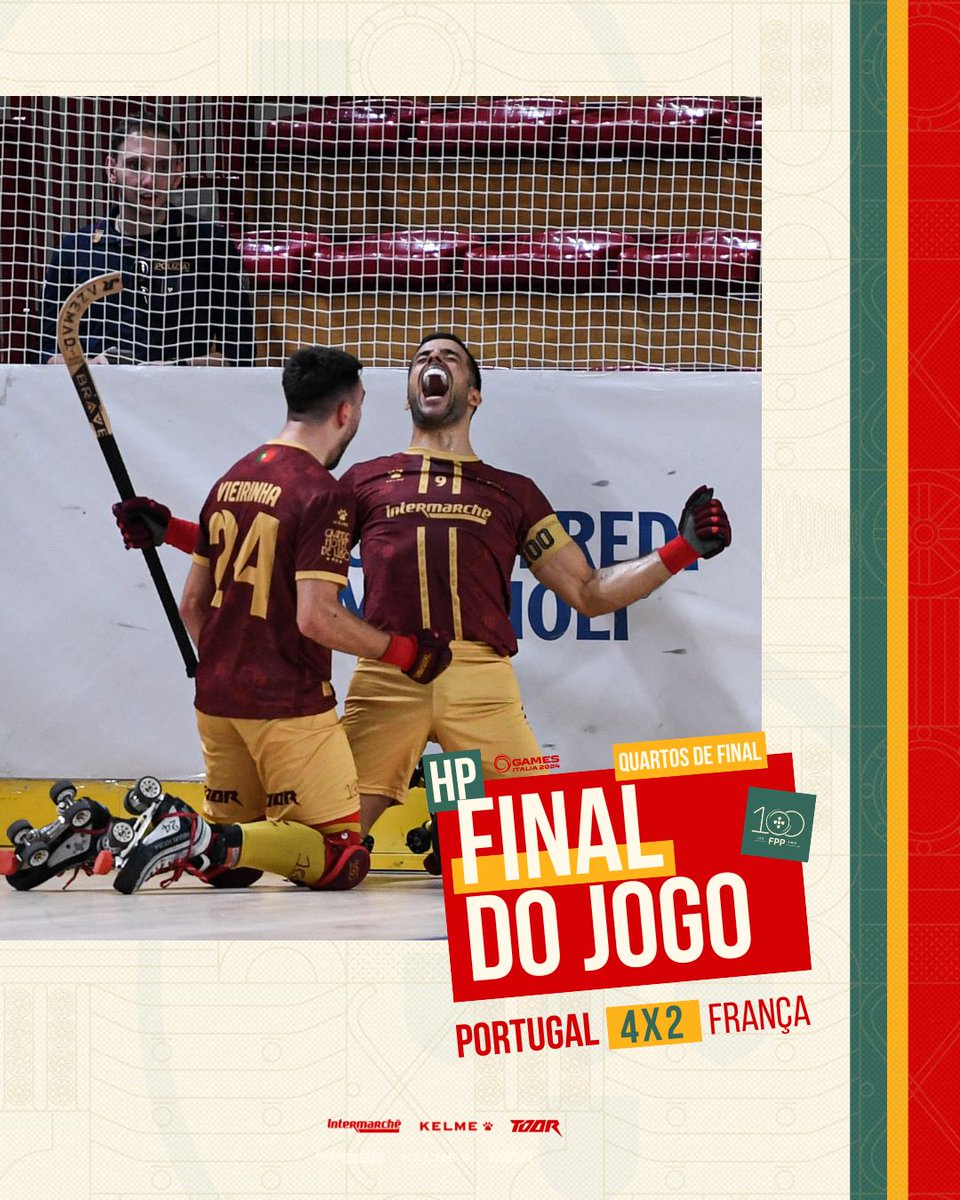 OficialFPP's tweet photo. Quartos de Final ✅
🇵🇹 𝗣𝗼𝗿𝘁𝘂𝗴𝗮𝗹 𝟰 x 2 França
#HóqueiEmPatins #WSG2024 #MundialHP #UmSéculoDeEmoções #VesteAHistória #PortugalSobreRodas #100AnosFPP #Intermarchept #KelmePortugal #Toor #EfficiencyMatch https://t.co/ruLz81vC06