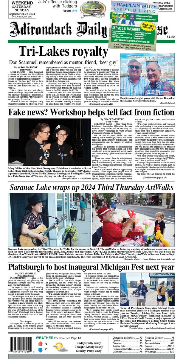 Today's front page: Don Scammell remembered as mentor, friend, ‘beer guy.' Workshop helps tell fact from fiction. Saranac Lake wraps up 2024 Third Thursday ArtWalks. And Plattsburgh to host inaugural Michigan Fest next year.

Read these stories and more at adirondackdailyenterprise.com