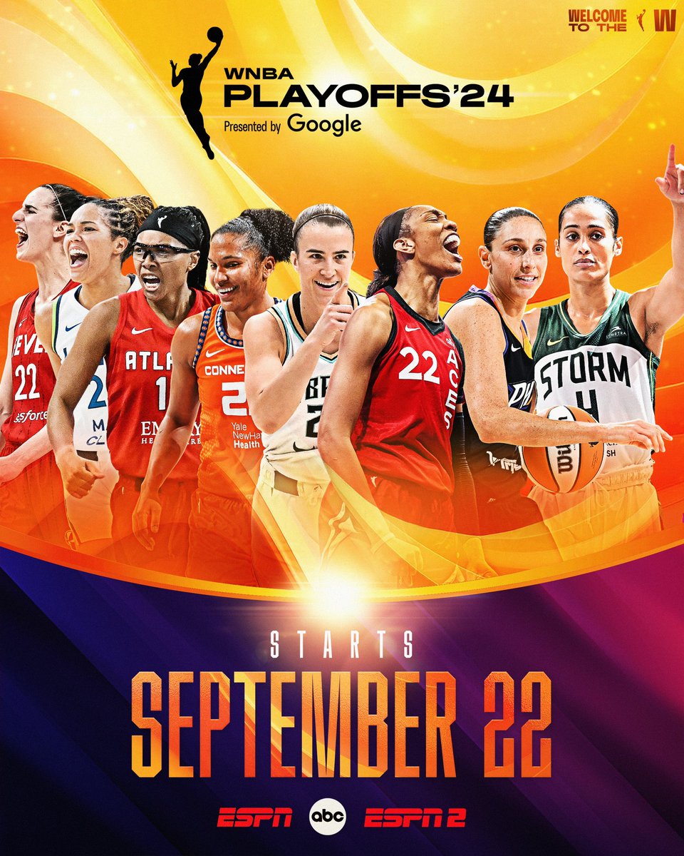 WNBA's tweet photo. This is about to be a MOVIE 🎥🍿

The journey to the title begins THIS SUNDAY at 1pm/ET! Get ready to watch your favorite teams battle it out in the 2024 WNBA Playoffs presented by @google. 

📺 ESPN, ABC, ESPN2 https://t.co/ILGD4MLULp
