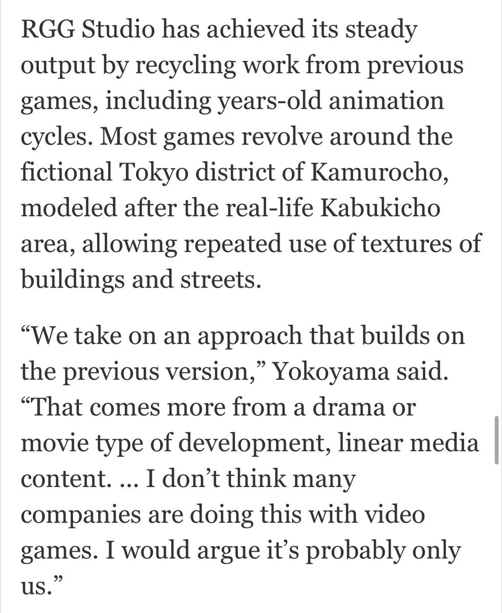 GenePark's tweet photo. i spoke to RGG Studio earlier this year to talk about their fast dev cycle. they think it’s peculiar that other game series practically reboot themselves every entry. they’re inspired by TV shows and film that reuse settings all the time https://t.co/o0uxIqFwmO