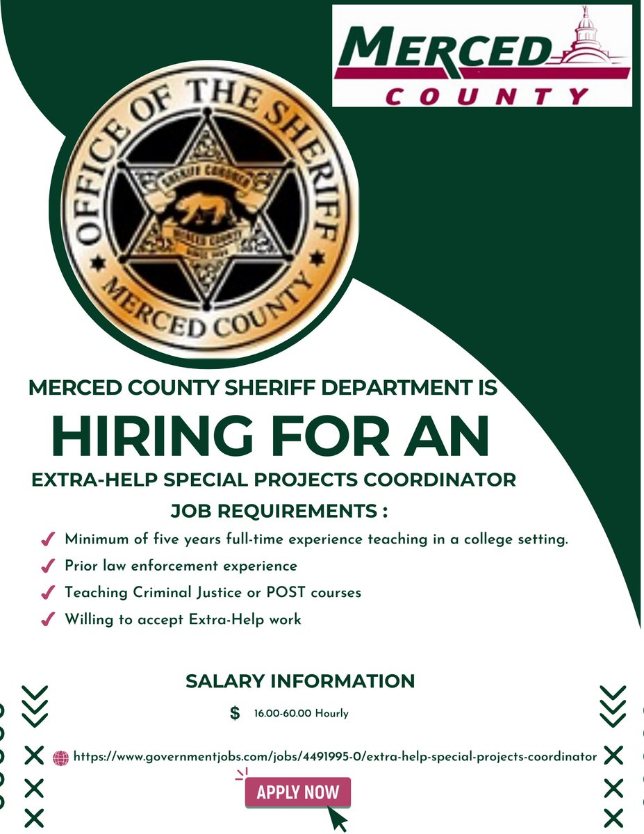 Merced County Sheriff Department is hiring for an Extra-Help Special Projects Coordinator. Visit our website for position details and to apply! governmentjobs.com/jobs/4491995-0…
#JobOpportunity #ApplyNow