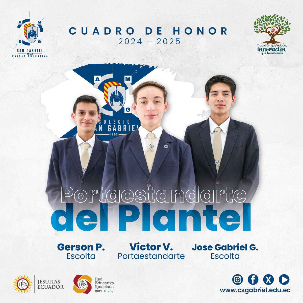 CSGQuito's tweet photo. Presentamos a las y los estudiantes abanderados y escoltas de este año lectivo. Reconocemos su esfuerzo y compromiso en su proceso educativo, así como la dedicación de sus familias en su camino a la excelencia.
#ColegioSanGabrielQuito #SerMásParaServirMejor https://t.co/DNcluEuhIc