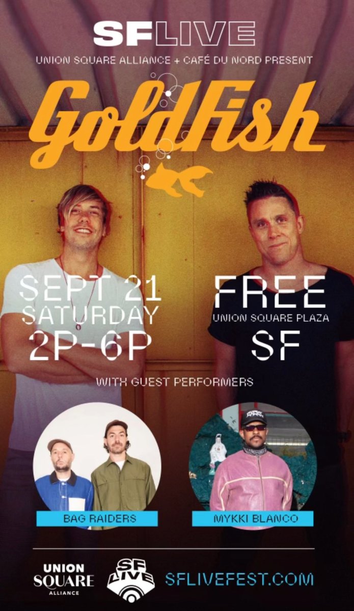 GoldFish (@goldfishlive) on Twitter photo San Francisco! See you tomorrow for an epic FREE street party in Union Square with @bagraiders and @mykkiblanco followed by an afterparty <a href="/cafedunord/">Cafe Du Nord</a> goldfishlive.com/shows San Francisco! See you tomorrow for an epic FREE street party in Union Square with @bagraiders and @mykkiblanco followed by an afterparty <a href="/cafedunord/">Cafe Du Nord</a> goldfishlive.com/shows