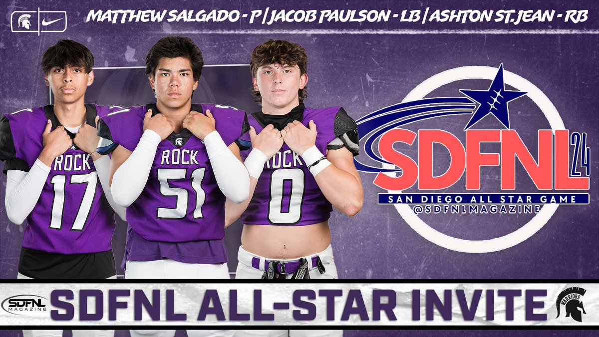 Congrats to <a href="/matt_salgado25/">Matt Salgado 4.5⭐️</a>, Jacob Paulson and <a href="/ashton_stj65104/">Ashton Stjean</a> on being invited to play in the <a href="/SDFNLMagazine/">#SDFNL25</a> all star game this December. 

#WeAreWarriors