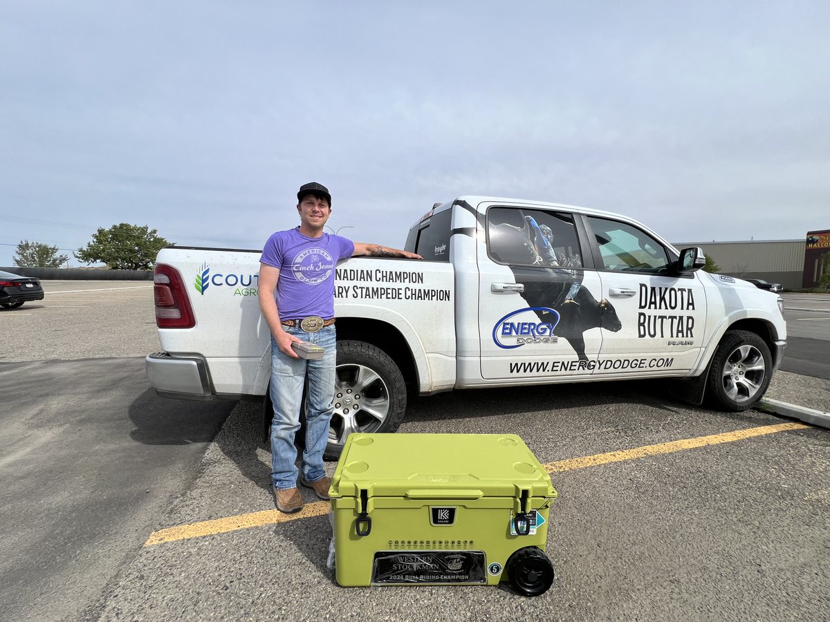 Dakota Buttar, Lethbridge &amp; District Pro Rodeo Bull Riding Champion, stopped by for a visit a couple days ago to pick up his buckle and Kailani and Western Stockman cooler! 🤠