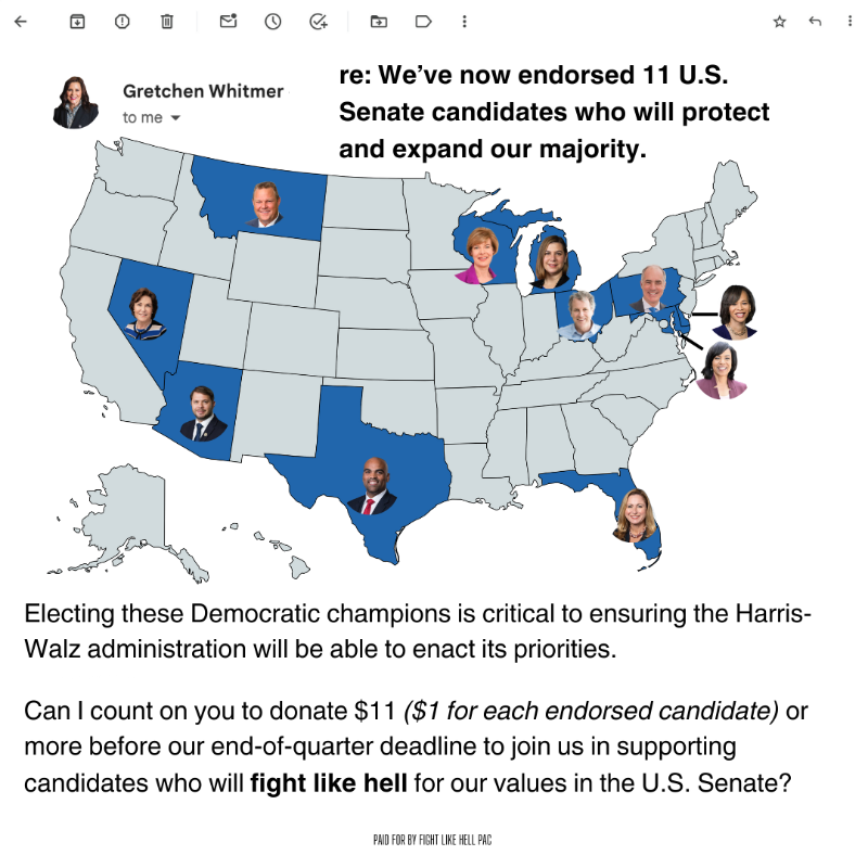 gretchenwhitmer's tweet photo. With the final FEC deadline before the election approaching, will you help boost our support of our Fight Like Hell PAC U.S. Senate endorsees? Losing any one of these races would allow Republicans to retake the majority and pursue an extreme agenda, like a national abortion ban.