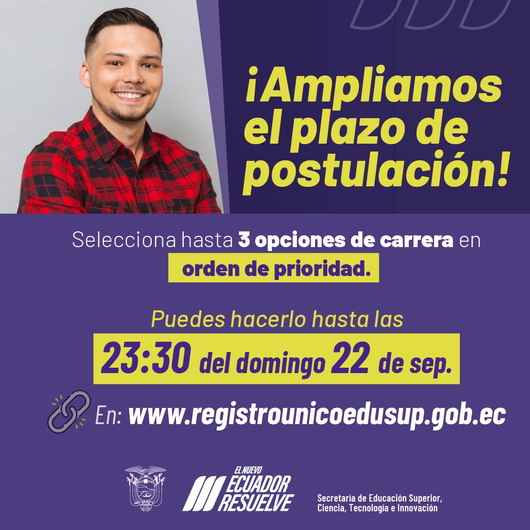 EduSuperiorEc's tweet photo. 🗓 Ampliamos un día más la POSTULACIÓN para acceder a uno de los 54 institutos tecnológicos y conservatorios superiores públicos.
✨ ¡Todavía tienes tiempo de elegir hasta 3 opciones de carrera en orden de prioridad!
👉Ingresa con tu usuario y contraseña a https://t.co/9SNVIaJGxR https://t.co/k2dAhNDeHf