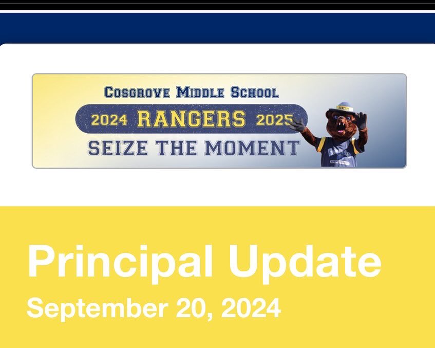 🐻💛 Ranger families: Please check your inbox/Parent Square for the latest update from Mr. Centola including details on upcoming letter day rotation/important dates, grading assessment, make up picture day, 8th grade Boston trip, spirit week/homecoming, and more. 💙🐻