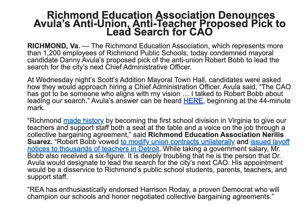 Richmond teachers union coming out hard against mayoral candidate Danny Avula for saying he's talked with consultant Robert Bobb about leading search for next city CAO.

REA calls Bobb "anti-union, anti-teacher"