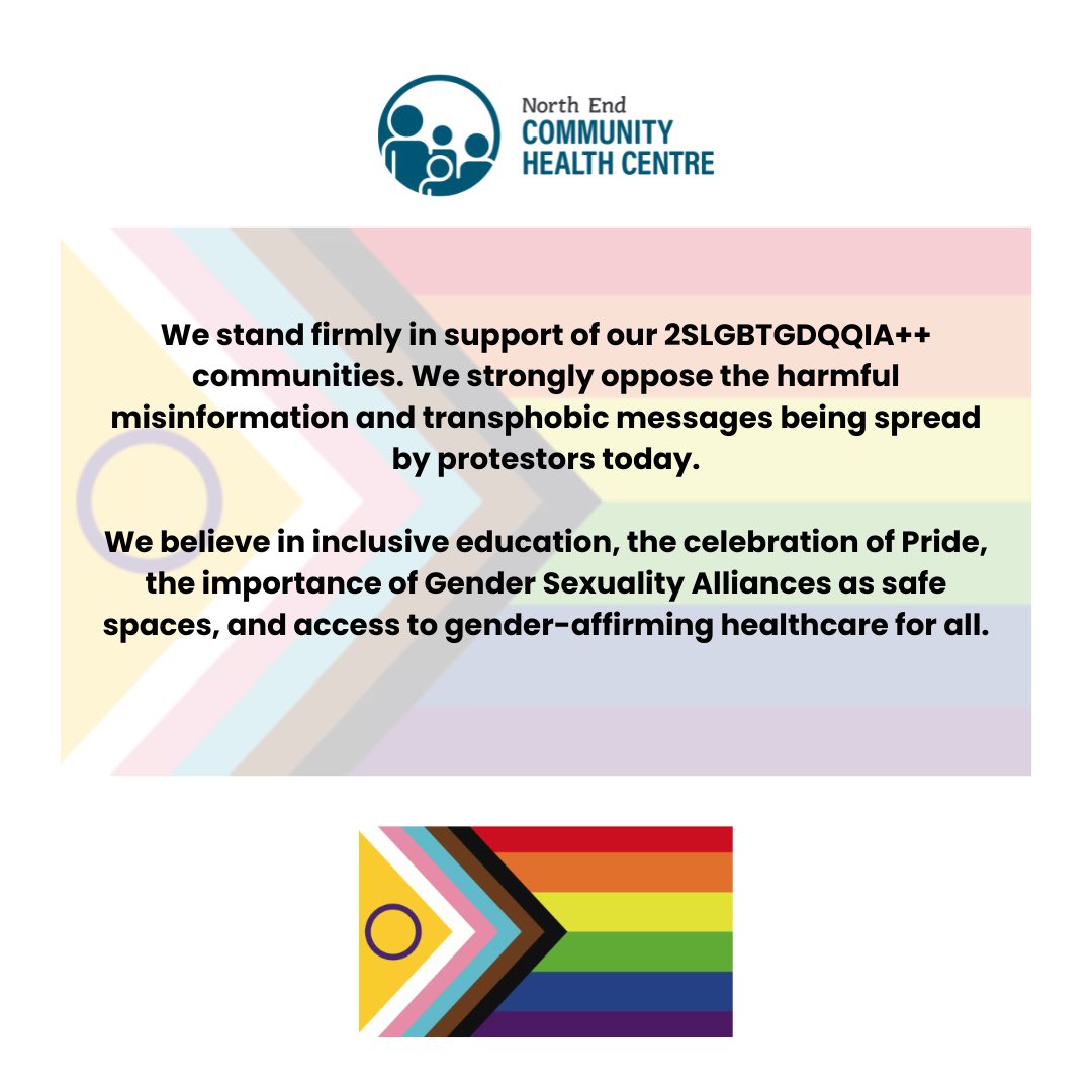 We stand with our 2SLGBTGDQQIA++ communities, opposing harmful misinformation and transphobia.  
 
We believe in inclusive education, safe spaces, and gender-affirming healthcare for all.  
 
#SupportTransRights #InclusiveHealthcare #GenderAffirmingHealthcare
