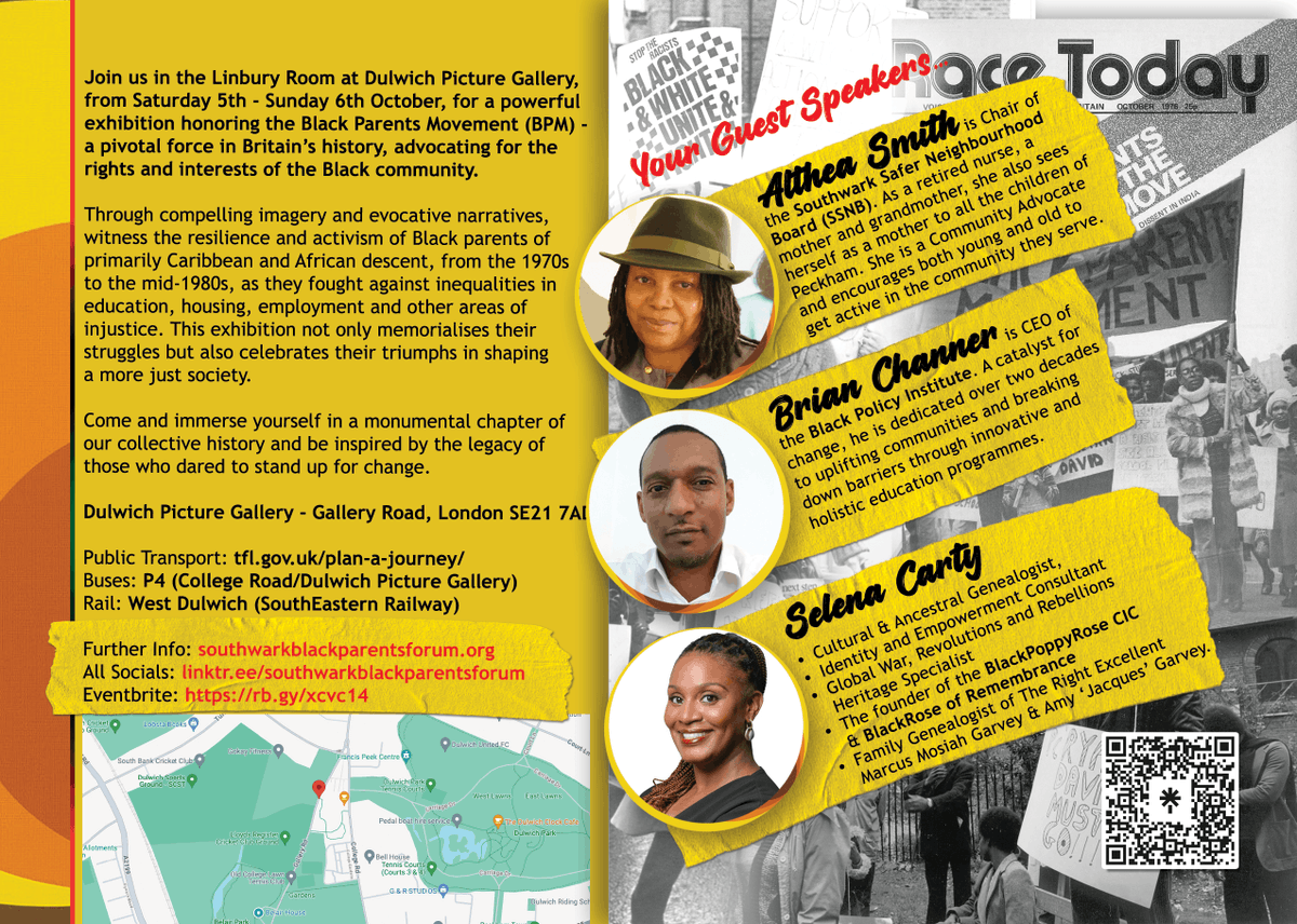 BPF_Southwark's tweet photo. An exhibition showcasing the powerful impact of Black parents in our communities, happening soon - don't miss out!

Link here: https://t.co/8PdmeCorzB

Join us in the Linbury Room at Dulwich Picture Gallery, on October 5th &amp; 6th, for a powerful exhibition honouring BPM. https://t.co/Wic78VmSu1