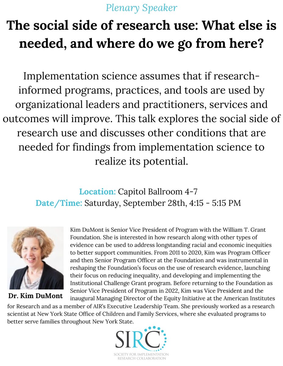 #SIRC24 is only days away! Don't miss any of our exciting plenary presentations.
1. Fri 8:30, Dr. Annette Boaz 
2. Fri 16:15, Dr. Amy Huebschmann, Dr. Meredith Fort, Dr. Lilia Cervantes, Tiffany Madrid, and Roger Low
3. Sat 8:30, Dr. Rohit Ramaswamy
4. Sat 16:15, Dr. Kim DuMont