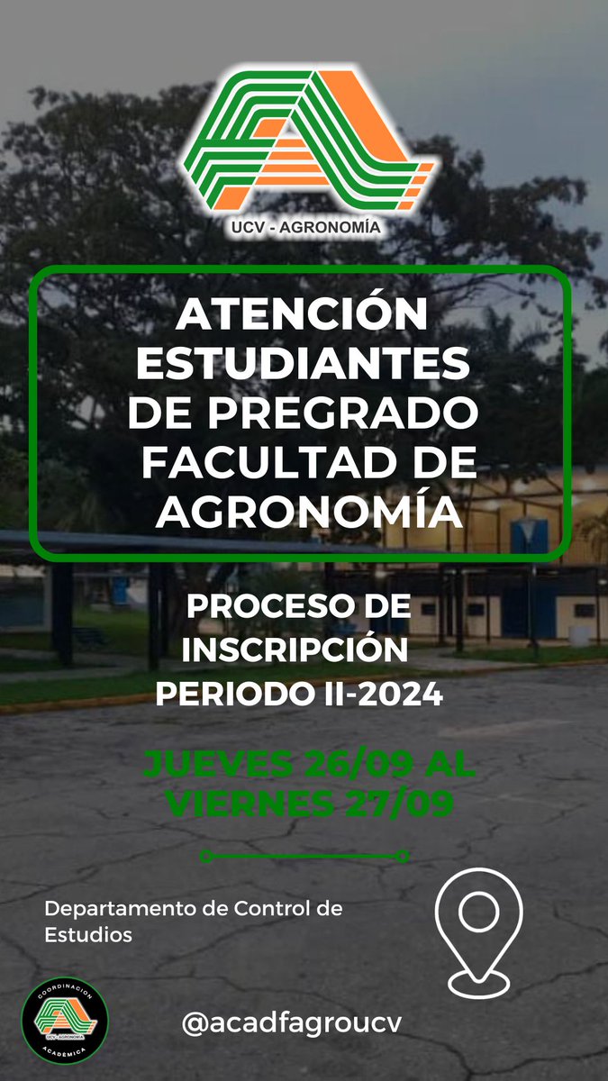 ATENCIÓN ESTUDIANTES REGULARES FACULTAD DE AGRONOMÍA PREGRADO. 

Desde el jueves 26 hasta el viernes 27 de septiembre se realizará el proceso de inscripción del semestre II-2024.

Lugar: Departamento de Control de Estudios 
Turnos am y pm