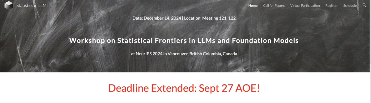 Deadline extended to Sept 27th! 🥳

Looking forward to seeing your submissions to the Workshop on Statistical Frontiers in LLMs and Foundation Models!

(Also: this is not just stat+LLMs! Feel free to interpret the call broadly.)