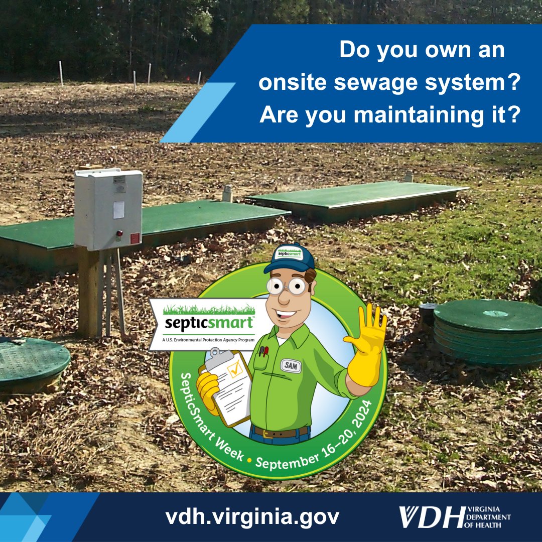 VDHgov's tweet image. Do you own an onsite sewage system? Is it an alternative or conventional system? Do you properly maintain and care for it? This #SepticSmartWeek, learn about the responsibilities of owning an onsite sewage system at ow.ly/A5Gl50TpAkv