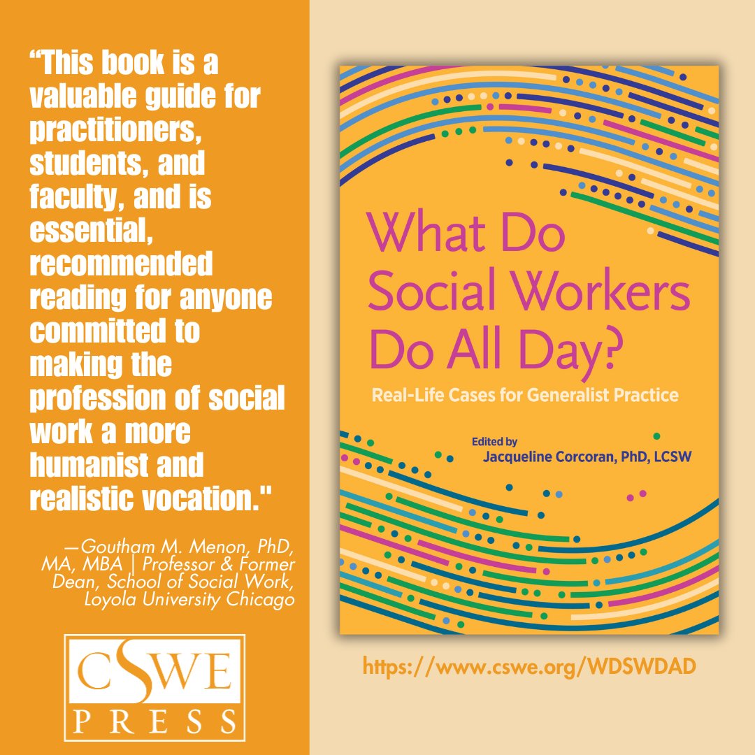 CSocialWorkEd's tweet image. CSWE Press’s new book, &quot;What Do Social Workers Do All Day? is making waves in the social work community. We’re providing readers with case studies that show a glimpse into the real-world scenarios faced by social workers in various settings. cswe.org/WDSWDAD #cswepress
