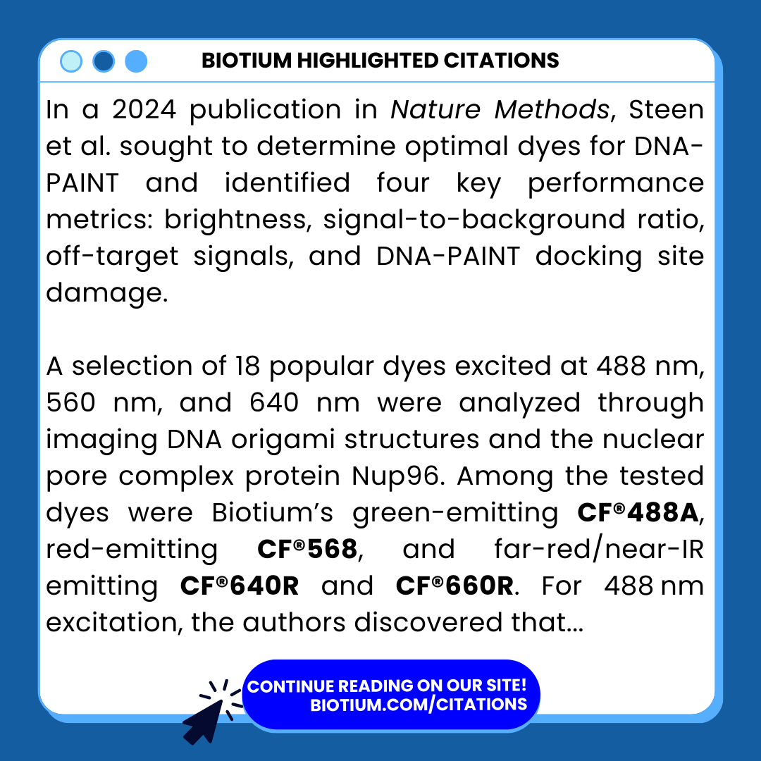 biotium's tweet photo. 📚✨ Hot off the press: Read how our CF® Dyes for super-resolution #microscopy performed for DNA-PAINT in this #publication from Nature Methods! https://t.co/wAhHqOLA1D

#sciencearticle #sciencepublication #fluorescentdye #sciencecompany #naturemethods #dna #superresolution https://t.co/kwBFQ6pALW