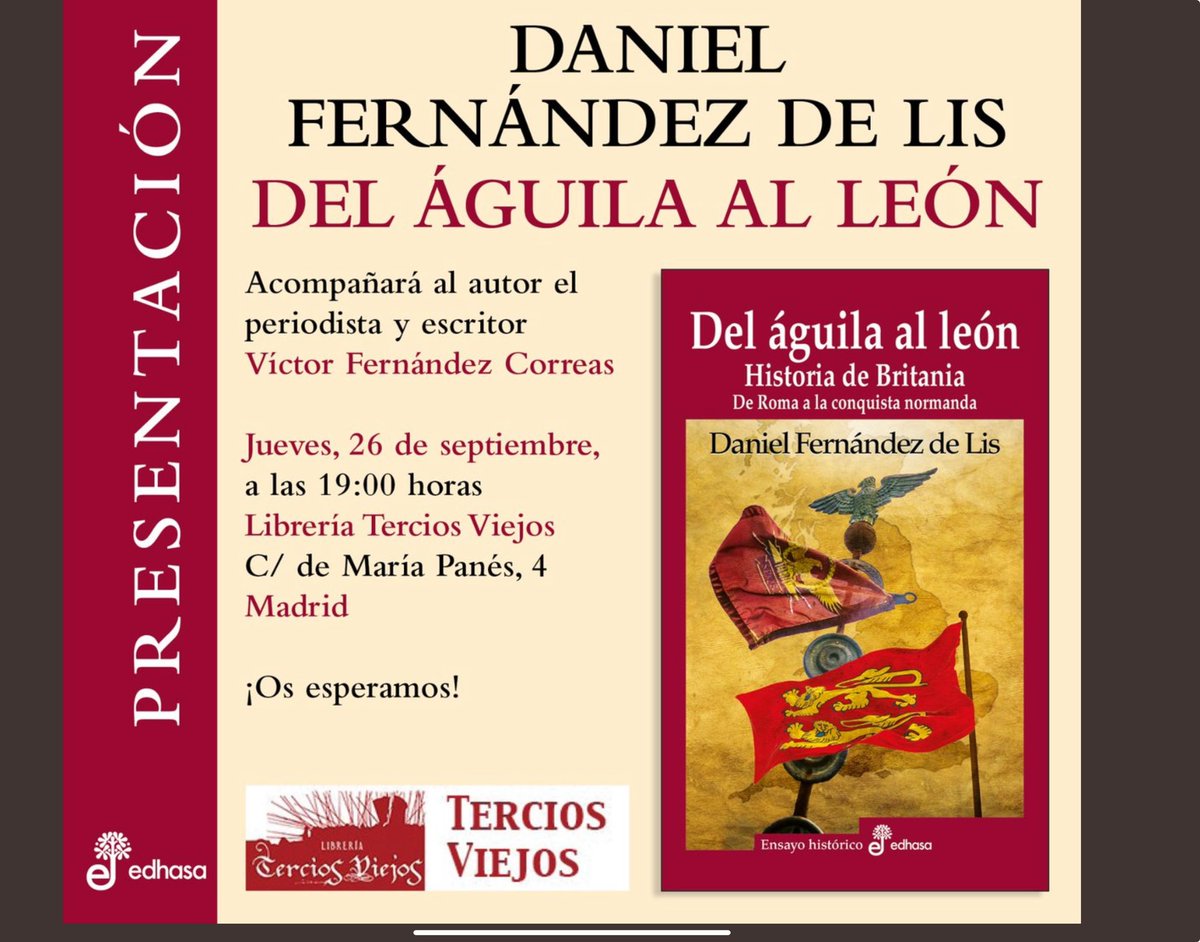 A los que estéis el próximo jueves por Madrid y os apetezca pasar un rato hablando de las invasiones romanas de Britania, de la Legio IX Hispana, de sajones, vikingos y normandos y de once siglos de historia, os esperamos el gran <a href="/VictorFCorreas/">𝗩𝗶́𝗰𝘁𝗼𝗿 𝗙𝗲𝗿𝗻𝗮́𝗻𝗱𝗲𝘇 𝗖𝗼𝗿𝗿𝗲𝗮𝘀</a> y yo.