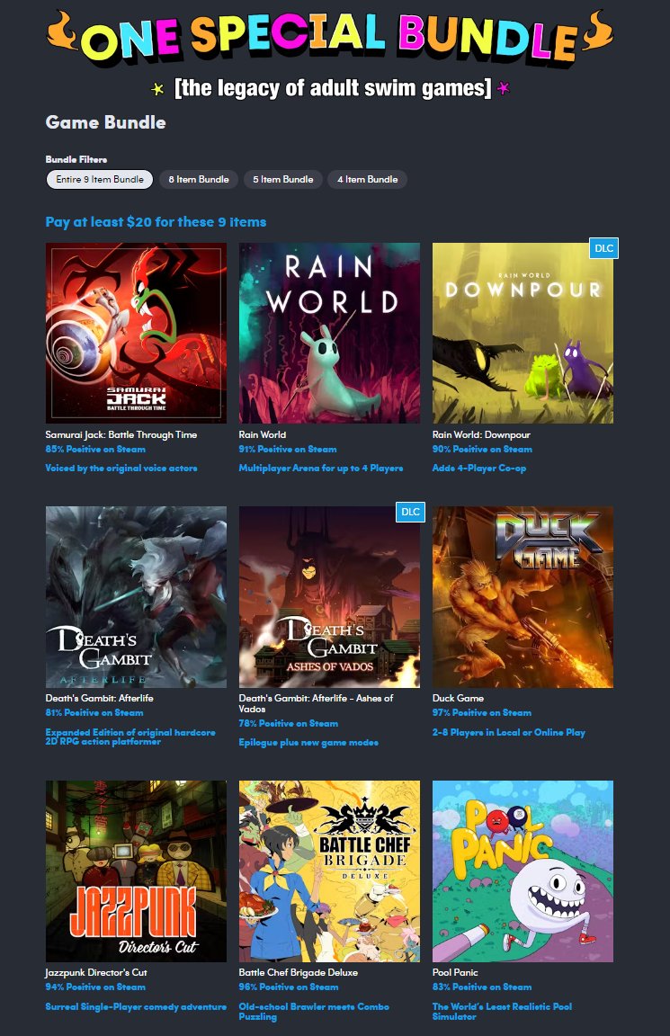 Humble Games Bundle: Adult Swim &amp; Friends bit.ly/3MRJBLW #ad 

$20 Bundle includes:
-Samurai Jack: Battle Through Time
-Duck Game
-Death's Gambit Afterlife + DLC
-Rain World + Downpour
-Jazzpunk Director's Cut
-Battle Chef Brigade Deluxe
-Pool Panic

$14/$8/$5 tiers also