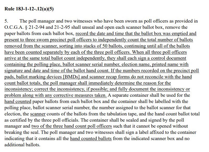 This appears to be untrue.

The provision requires election officials to count the *number* of ballots and ensure it matches the number of ballots the machine scanned.

Election officials do not need to count voters’ actual choices by hand.