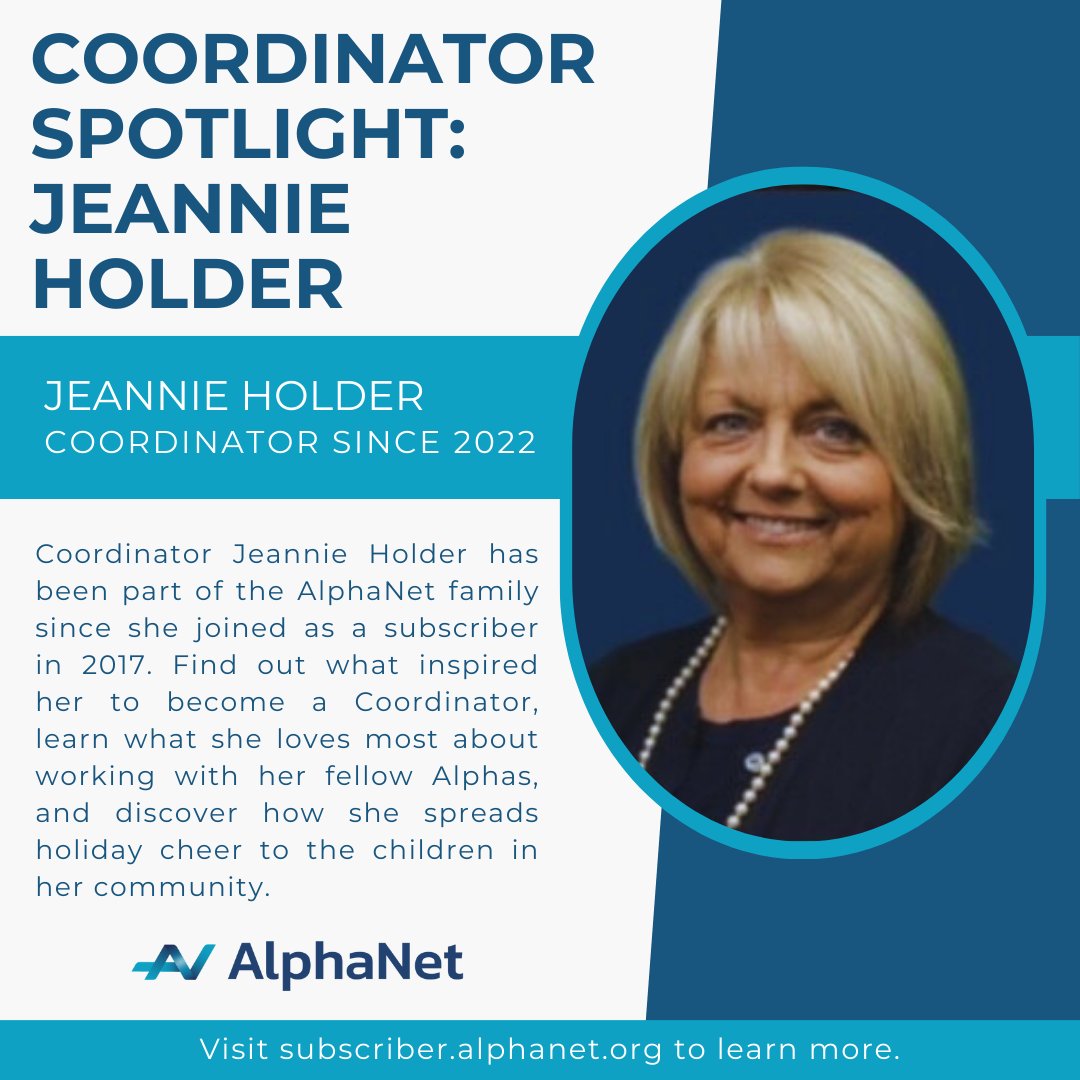 AlphaNet's tweet image. Find out what inspired Jeannie Holder to become an AlphaNet Coordinator, learn what she loves most about working with her fellow Alphas, and discover how she spreads holiday cheer to the children in her community. 

subscriber.alphanet.org/s/story/a2SPV0…