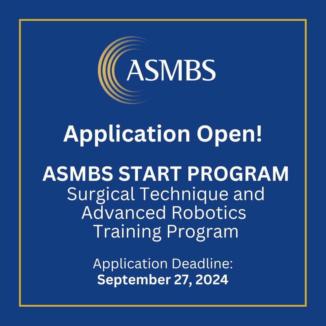 🚀 Attention Bariatric Fellows! 🚀

The ASMBS START Program is now accepting applications (Aug 15 - Sept 27, 2024)! Join us for advanced robotics training and hands-on experience! Limited to 40 fellows for 2024-2025.

Apply today! ow.ly/gI9Y50TrF78