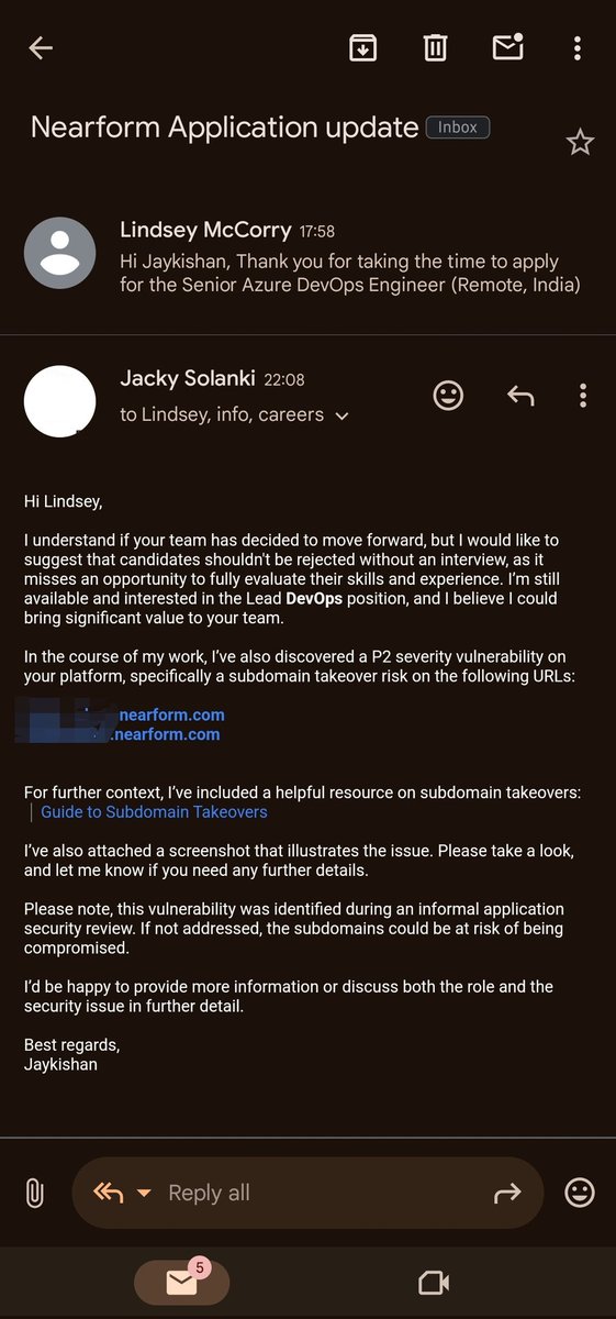 jackysolanki007's tweet photo. Company reject me, I've submitted bug π
@nearform @nearform_c.
#DevOps #CyberSecurity #devsecops #nearform #CyberAwareness #rejection
#BugBounty #devopswork #subdomain #takeover https://t.co/TcgcOq7MeO