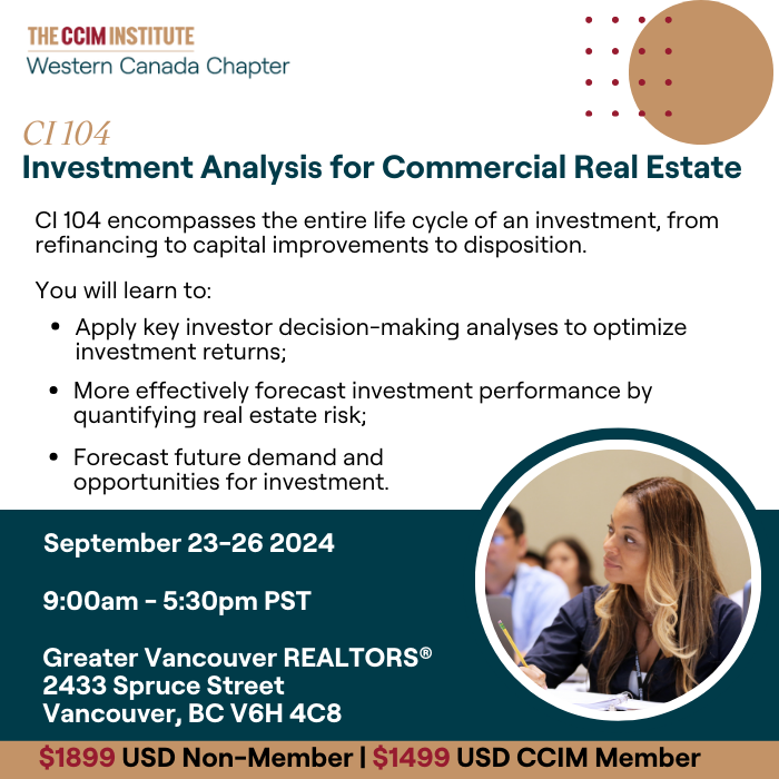 CCIMCanada's tweet photo. There's still time to join CI 104 this Monday @ Greater Vancouver REALTORS®! 

Learn to optimize investment returns, forecast performance, and leverage CCIM tools to make smarter decisions. 

Register: https://t.co/QEy5LIP3BY

 #CI104 #CCIMWesternCanada #GVR #CRE #Education https://t.co/SH17FjWMt0