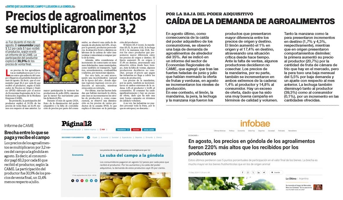 [PRENSA] El IPOD, elaborado por <a href="/redcame/">CAME</a>, sigue marcando agenda 🗞️📻📺.

La diferencia entre el precio que se le paga al productor y el que abona el consumidor por los principales productos frutihortícolas y ganaderos, fue de 3,2 veces en agosto.

Info 👉🏽 bit.ly/IPODagosto2024