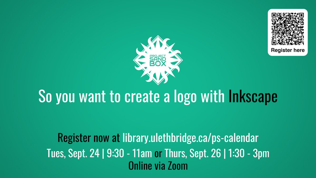 ulethlibrary's tweet image. &quot;So you want to create a logo with Inkscape&quot; Online Workshops

Details &amp;amp; registrations:

WHEN:

&amp;gt; Tu, Sept 24; 9:30–11am
myexperience.uleth.ca/openEvents.htm…

OR

&amp;gt; Th, Sept 26; 1:30–3pm
myexperience.uleth.ca/openEvents.htm…

WHERE: Online via Zoom

#ULethbridge #ProjectSandbox