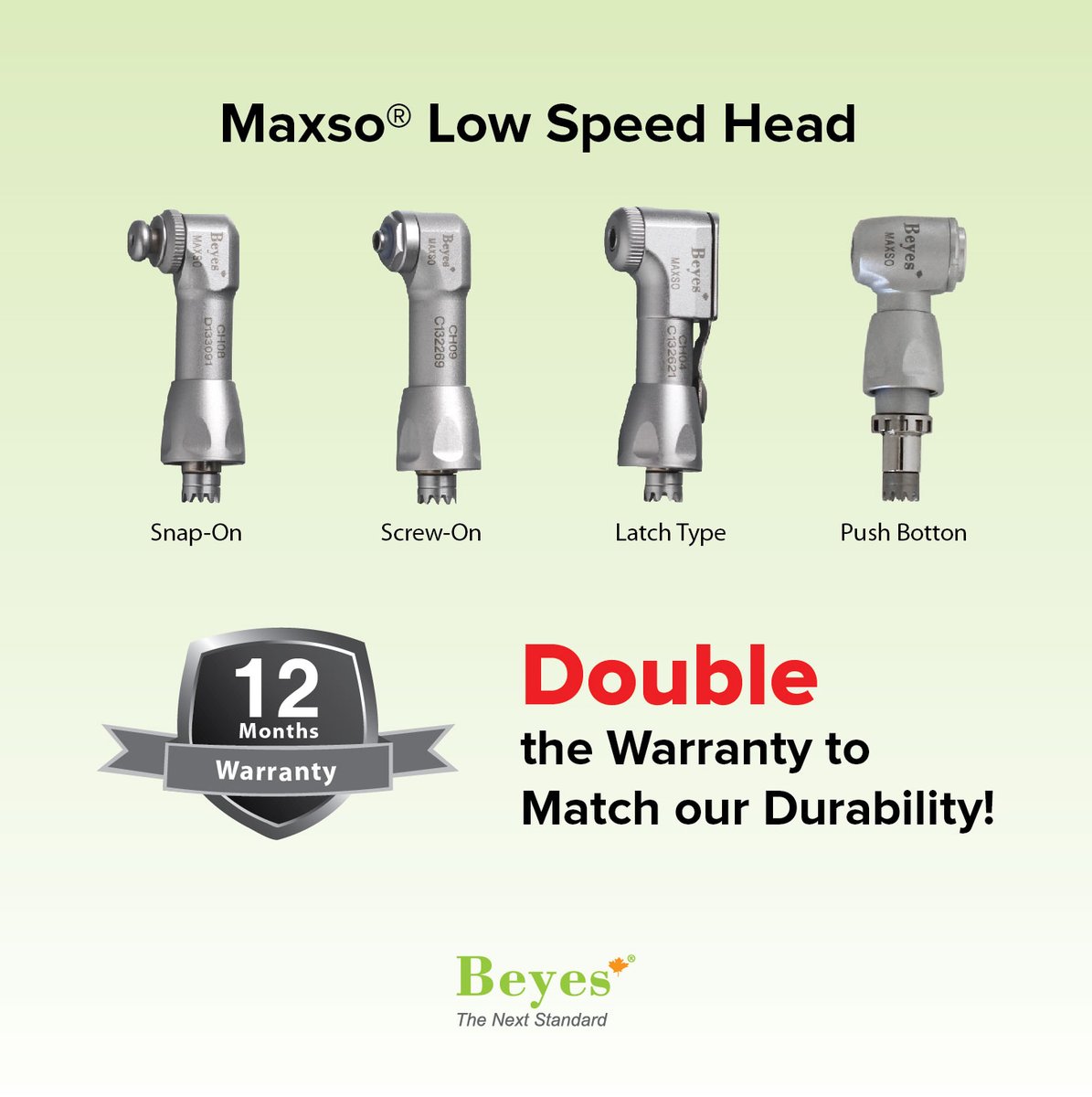 Double the Warranty to Match our Durability!

Reliability matters, so Beyes Slow-speed heads come with a 12-month warranty—double the 3-6 month protection of many leading competitors. Trust the brand that stands by you longer. Choose Beyes – The New Standard in Dentistry.

#beyes