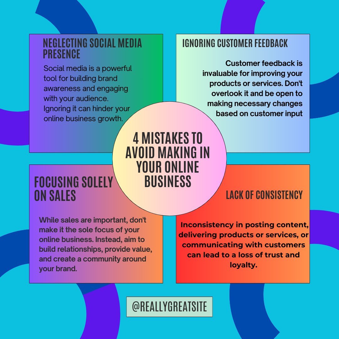 miraz_uddin1's tweet photo. Avoid these online business mistakes:
Neglecting social media
Ignoring customer feedback
Focusing solely on sales
Lacking consistency
#onlinebusiness #marketing #socialmedia #customerservice #businessgrowth #branding #digitalmarketing #ecommerce #contentmarketing #leadgeneratio https://t.co/wavmO33ugb