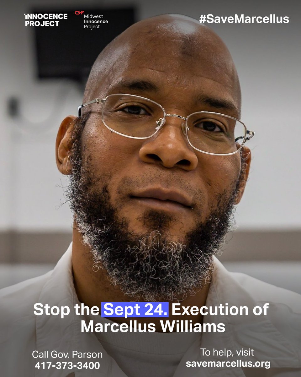 NAACP_LDF's tweet image. There is no reliable evidence proving that @innocence &amp;amp; @the_mip client #MarcellusWilliams committed the crime for which he is scheduled to be executed on Sept. 24. 

Join us in demanding that @GovParsonMO stop the execution: 417-373-3400