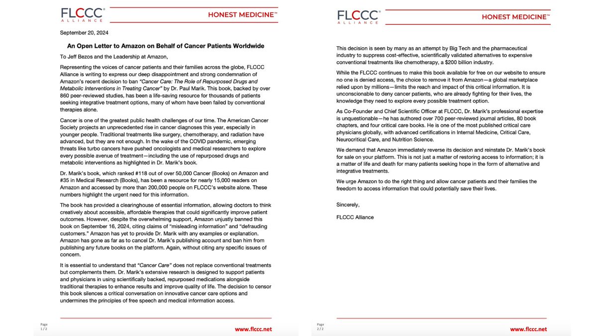 Honest_Medicine's tweet photo. *Amazon bans access to life saving cancer treatment!* At FLCCC, we advocate for cancer patients worldwide who deserve access to all available treatment options. In this open letter to @jeffbezos and @Amazon leadership, we address their recent decision to ban a critical resource—@drpaulmarik’s 'Cancer Care: The Role of Repurposed Drugs and Metabolic Interventions in Treating Cancer' book. 

Please share and hold @jeffbezos, @amazon, and @AmazonKDP accountable.
1/3
