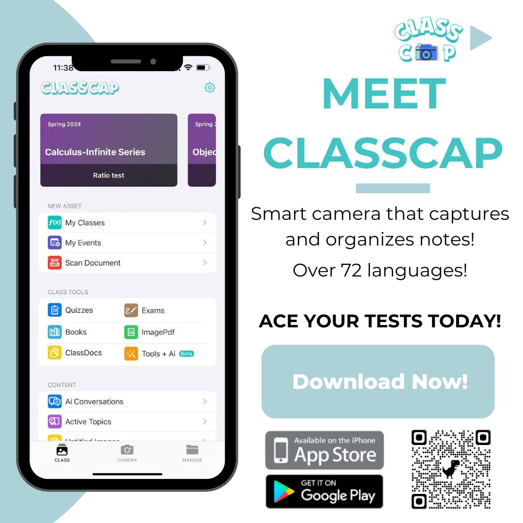 ClassC5762's tweet image. Meet Classcap! The smart camera app that will help you pass all of your exams this year. From AI to study tools, Classcap has got your back. Download today!

#Classcap #Download #SmartCamera #Organzied #Scholar #StudyTools