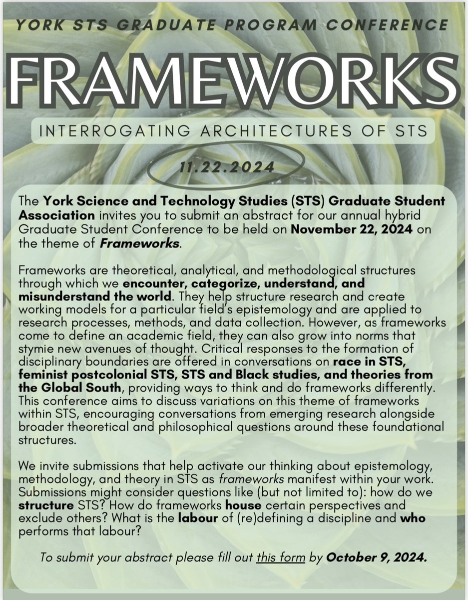 CFP: York University STS Graduate Conference on Frameworks: Interrogating Architectures of STS! Deadline is October 9, 2024 and abstracts can be submitted at: tinyurl.com/yorkusts2024gr… <a href="/STS_YorkU/">STS York University</a> <a href="/YorkUFGS/">YorkU Grad Studies</a> <a href="/YorkULAPS/">Faculty of Liberal Arts & Professional Studies</a>