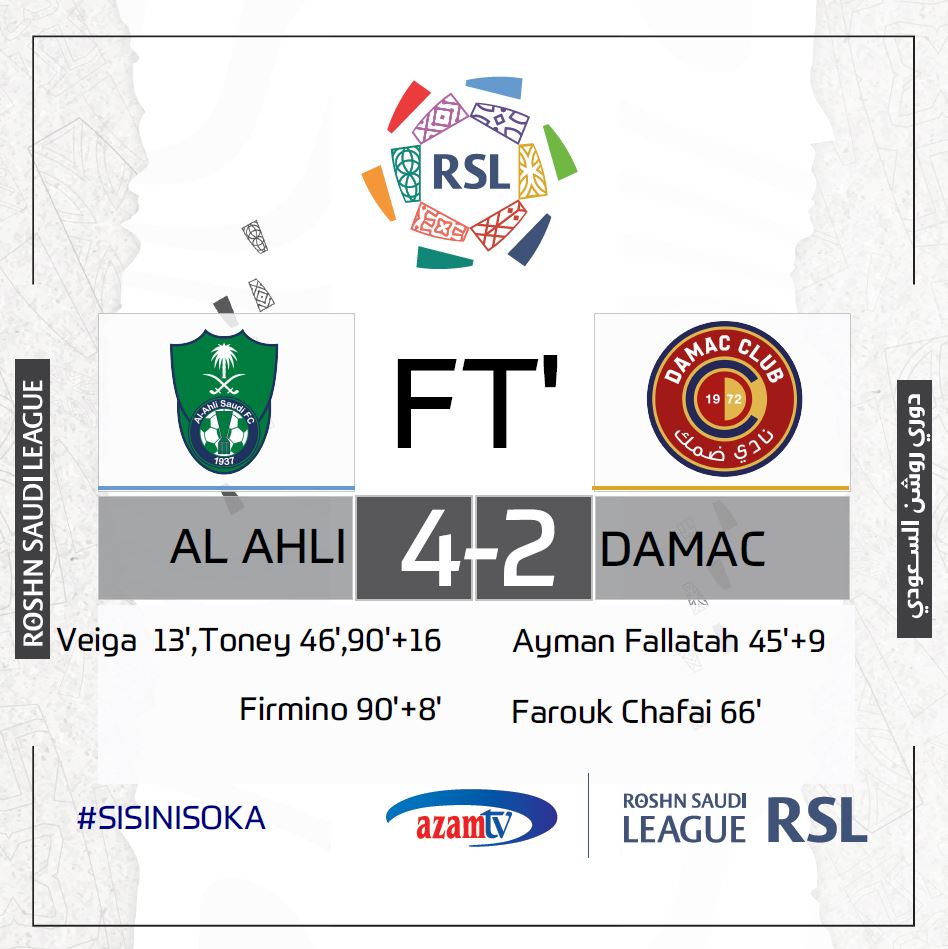 azamtvtz's tweet image. #RSL hatimaye yamefika sita….

FT: Al Ahli 4-2 Damac

Endelea kula burudani LIVE #AzamSports

#RoshnSaudiLeague #RSL #SaudiProLeague #AlAhli #Damac #AlAhliDamac