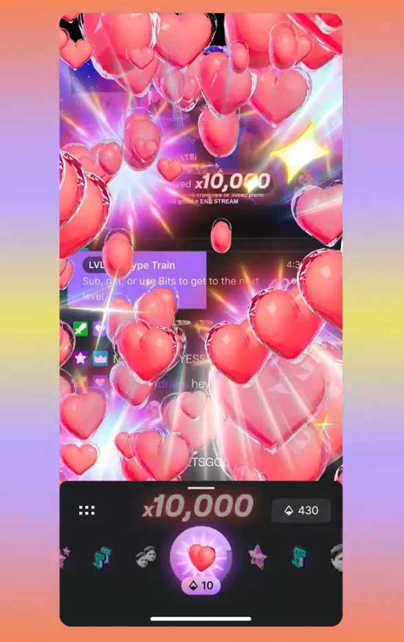 Twitch is introducing a Single Tap Reaction system based around Bits.

This allows viewers to quickly tap to give Bits to the streamer. The more taps from people, the more intense the on-screen overlays get. 

This is designed with mobile in mind but will be available on Desktop.