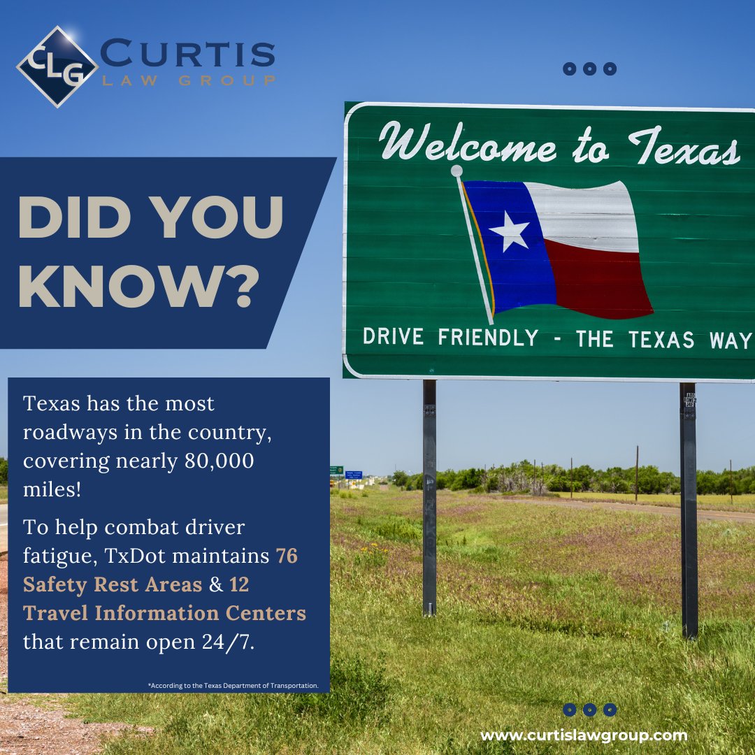CurtisLawGroup's tweet photo. Driving through Texas can be long &amp; tiring. Fatigued driving is one of the leading causes of motor vehicle accidents. That's why Texas has the most rest areas in the country— to help you recharge &amp; stay safe on the road. Call the Curtis Law Group if you've been injured. https://t.co/wm1iZkccUA