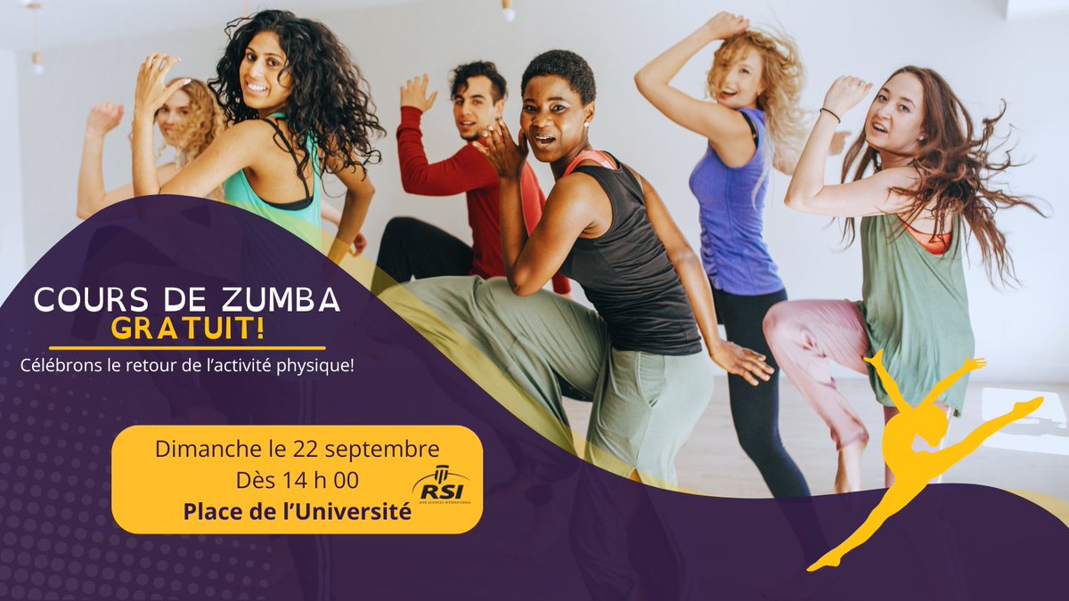 uOttawaMed's tweet image. Retour à l’#ActivitéPhysique : cours de #zumba gratuit 💃🕺
Dimanche 22 septembre à 14 h 
Place de l’Université, 136 Privé Université

Venez vous amuser pendant 75 minutes avec vos instructeurs Daniel, Carr, Iryna, Shane, Sharon et Vanessa!

Inscription: risksciences.com/back-to-fitnes…