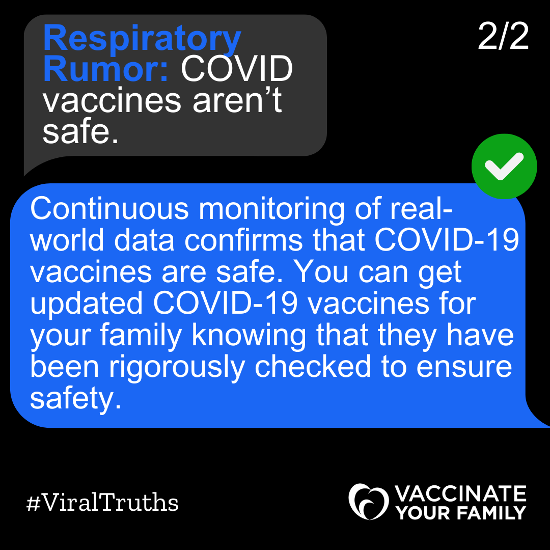 🚨📱 COVID-19 Rumor Alert!
Myth: "We don’t know if COVID-19 vaccines are safe"?
False! Extensive trials &amp; 13 BILLION doses confirm their safety. Ongoing monitoring keeps us informed.
Get your updated vaccines with confidence! 💪 #ViralTruths <a href="/Vaxyourfam/">Vaccinate Your Family</a> 
vaccinateyourfamily.org/viral-mythbust…