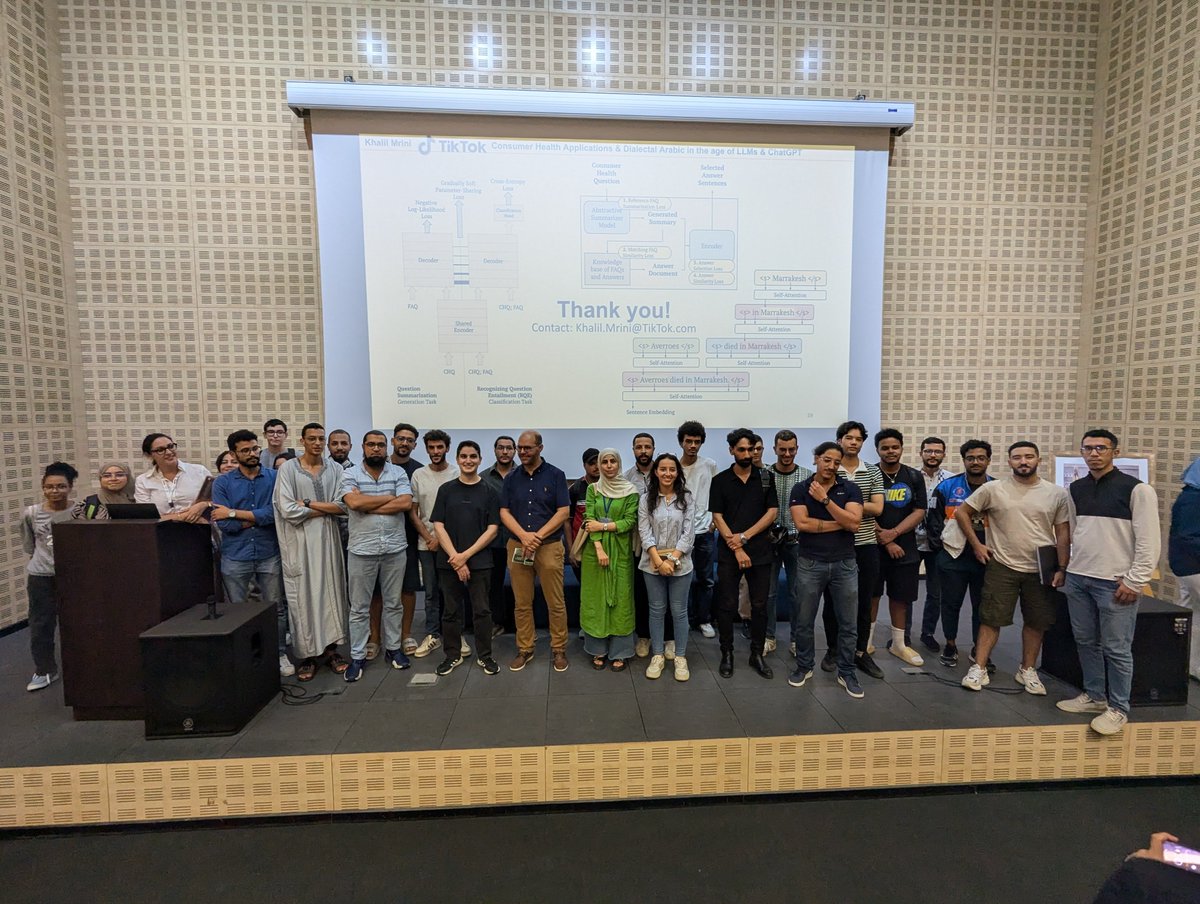 Huge thanks to Prof. <a href="/TariqDaouda/">Tariq Daouda, PhD</a> and the team at <a href="/UM6P_officiel/">UM6P - University Mohammed VI Polytechnic</a> for hosting me last week! 🙏 I had the pleasure of sharing my work on Consumer Health Apps &amp; 🇲🇦 Moroccan Darija #NLP in the age of #ChatGPT &amp; #LLMs. Incredible engagement from students &amp; faculty! 👏

Shout-out to