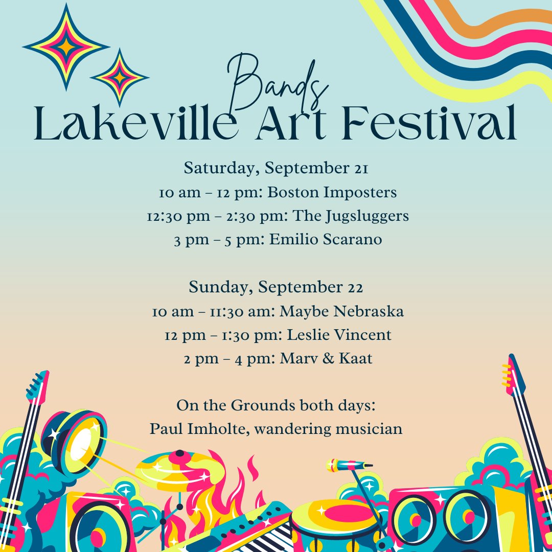 🎨🎶🍔 #LakevilleArtFestival!
📅 Hours: Saturday 10-5 | Sunday 10-4
🛎️ Don't miss the silent auction on Saturday ONLY
from 10-4!
🍔🍺 ART! Food trucks, beer &amp; wine, live music, a
community art project, artist demos, and fun activities
for kids—there's something for everyone!😎