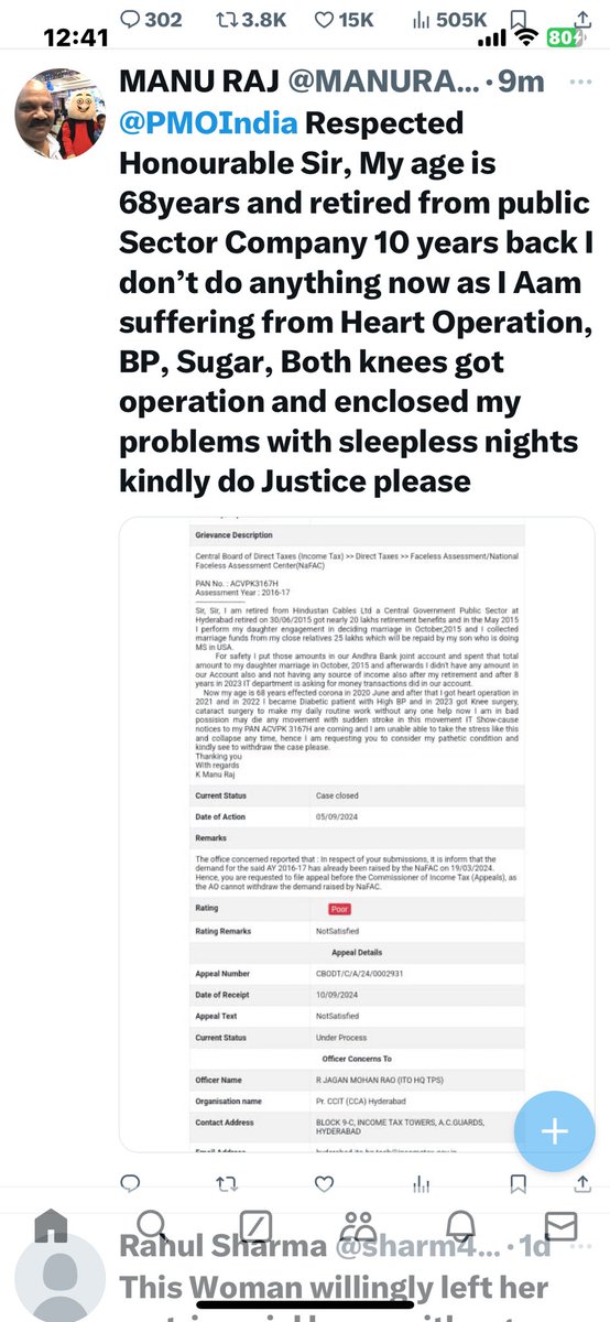 MANURAJ14152's tweet photo. @PMOIndia Respected
Honourable Sir, My age is 68years and retired from public Sector Company 10 years back I don't do anything now as I Aam suffering from Heart Operation, BP, Sugar, Both knees got operation and enclosed my problems with sleepless nights kindly do Justice please https://t.co/6meiOJojqr
