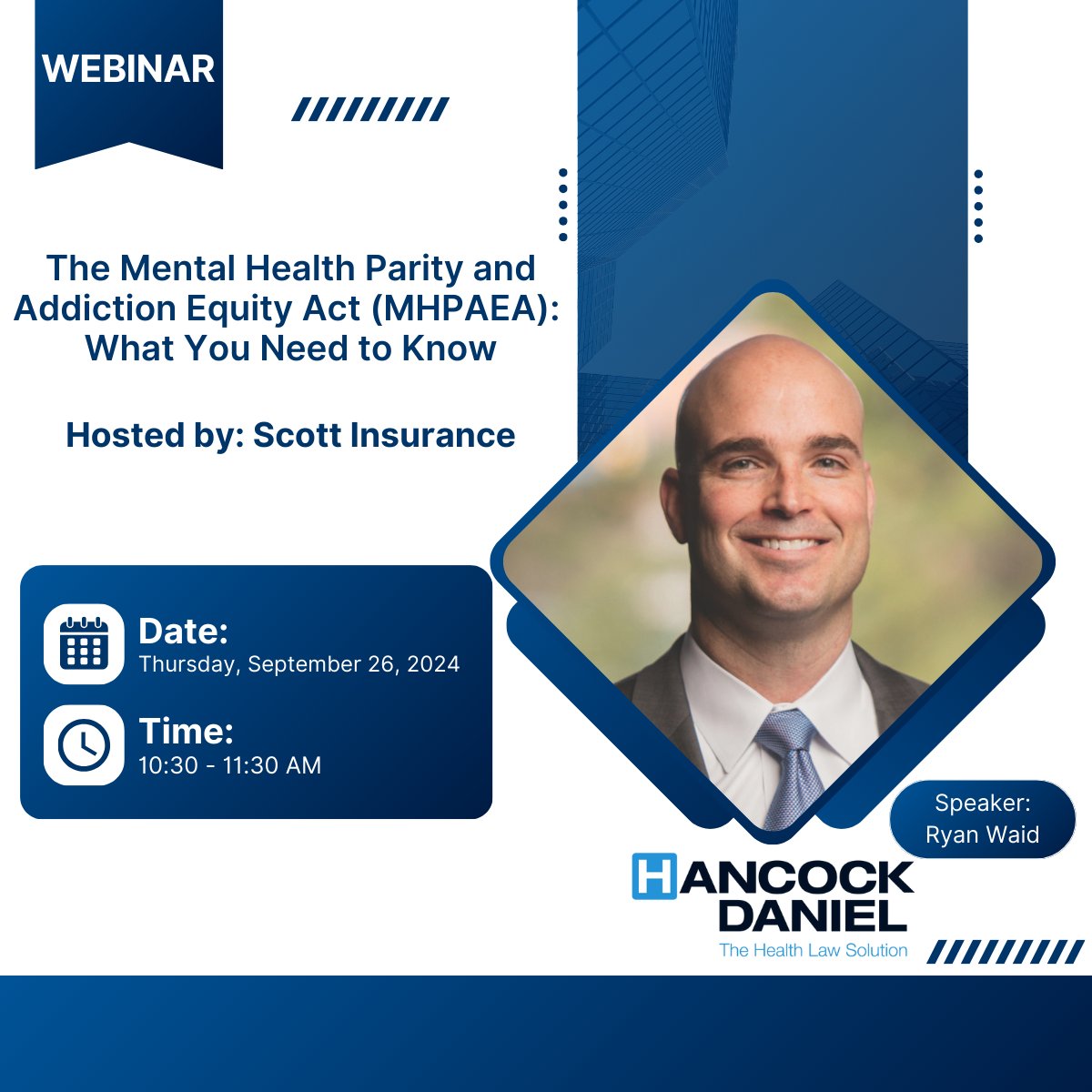 During this webinar, Ryan Waid will review the history of MHPAEA, give an update on the recently released DOL final rules, and how to comply. Learn more about this event here: scottins.com/seminar/the-me…