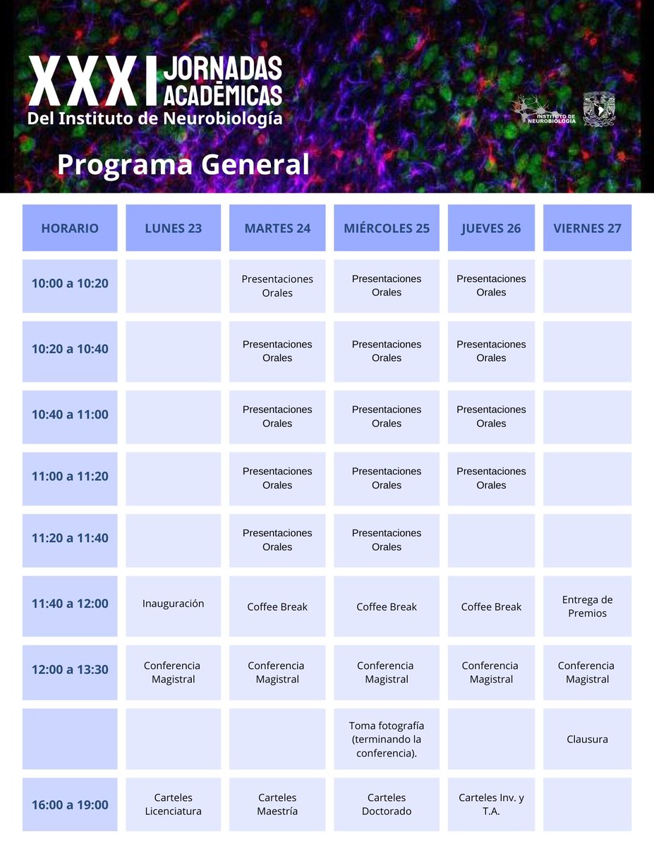 El próximo lunes inician las XXXI Jornadas Académicas, evento anual en conmemoración de nuestro aniversario.
Te invitamos a participar asistiendo a las actividades o sintonizando la transmisión virtual de las conferencias magistrales.

Más información: jornadasacademicas.inb.unam.mx